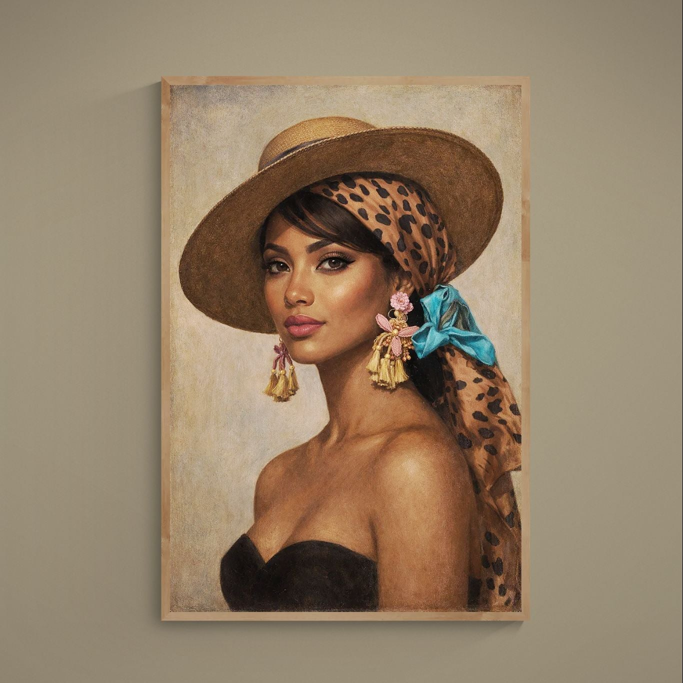 Portrait poster of woman in wide-brim hat, leopard headscarf, turquoise ribbon and pink gold tassel earrings