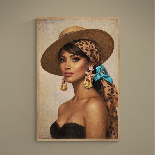 Portrait poster of woman in wide-brim hat, leopard headscarf, turquoise ribbon and pink gold tassel earrings