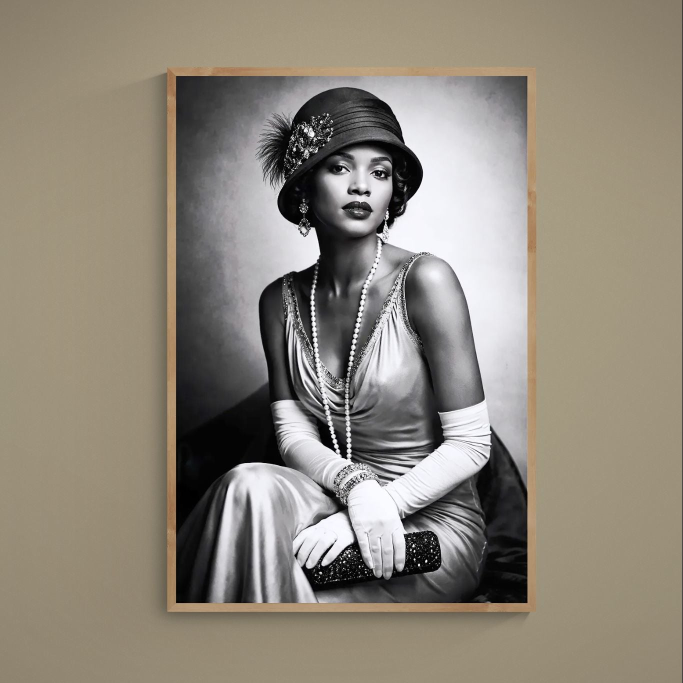 Black and white 1920s flapper portrait poster with cloche hat, pearls, gloves and light wood frame