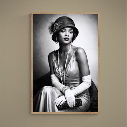Black and white 1920s flapper portrait poster with cloche hat, pearls, gloves and light wood frame