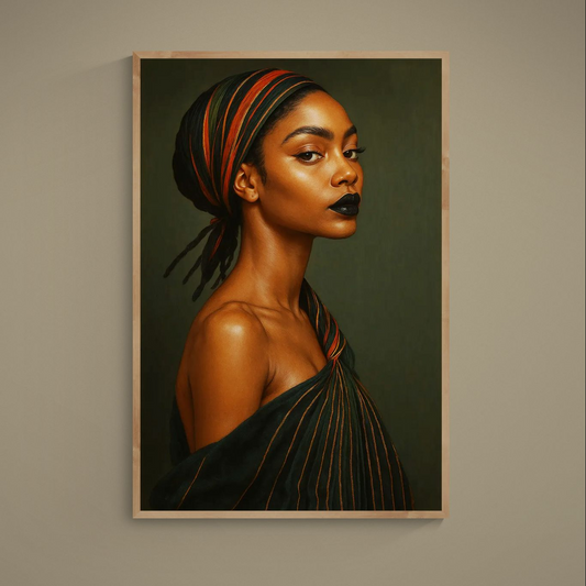Photorealistic Black woman portrait with striped headwrap on deep green background