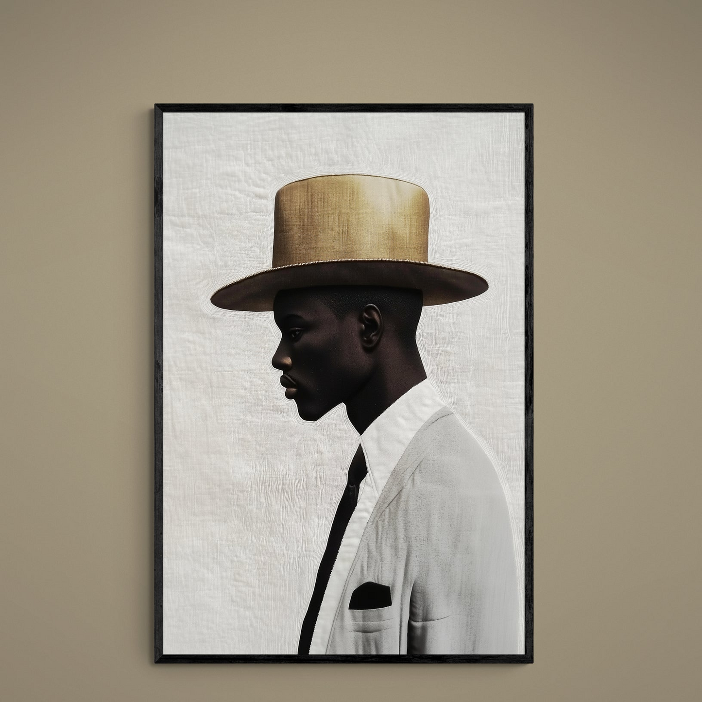 Side-profile Black man portrait in beige wide-brim hat and gray suit on textured off-white background