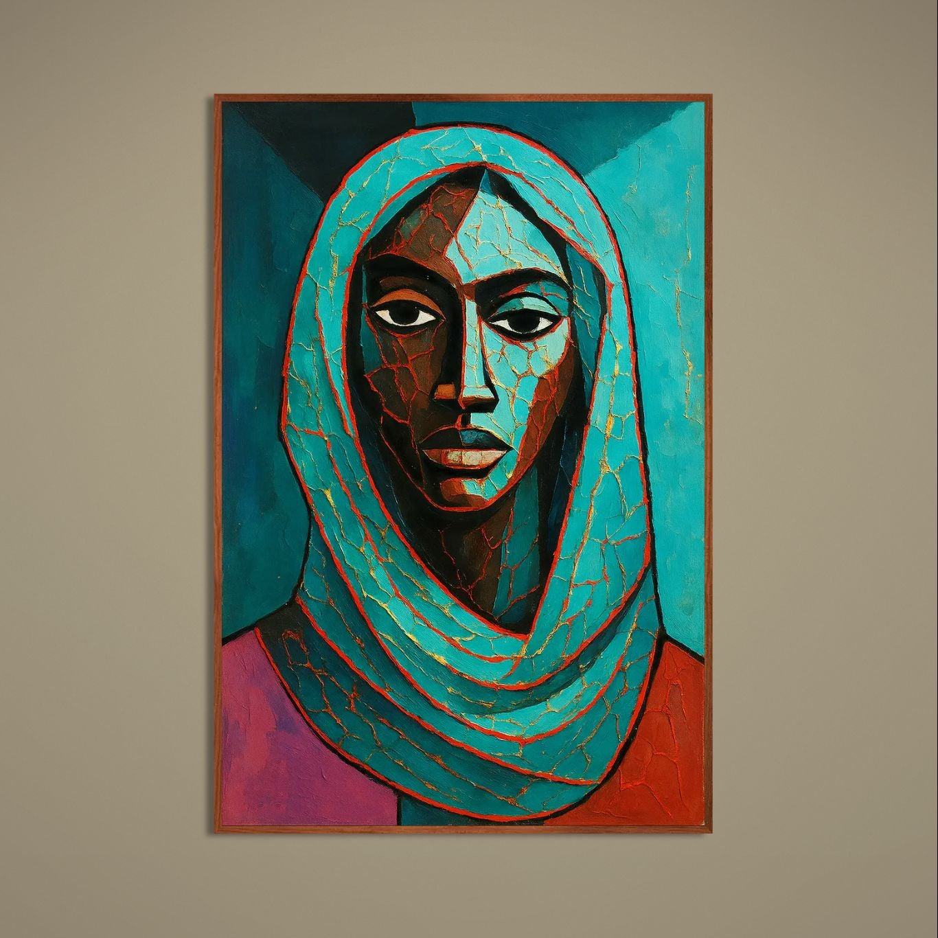 Abstract portrait of a woman in a turquoise headwrap with gold crackle details and bold black linework