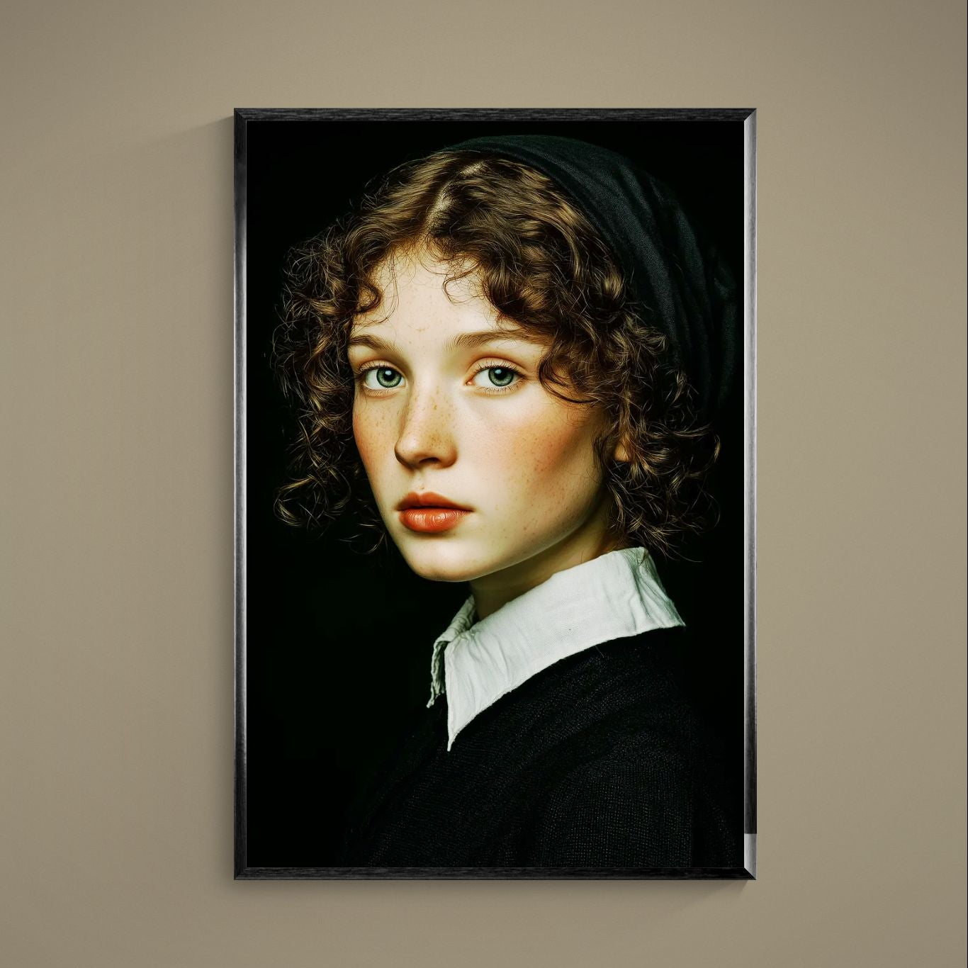 Close-up photorealistic portrait with green eyes, freckles and curly brown hair on a black background