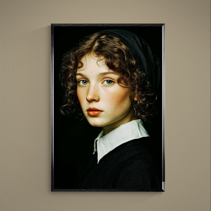 Close-up photorealistic portrait with green eyes, freckles and curly brown hair on a black background