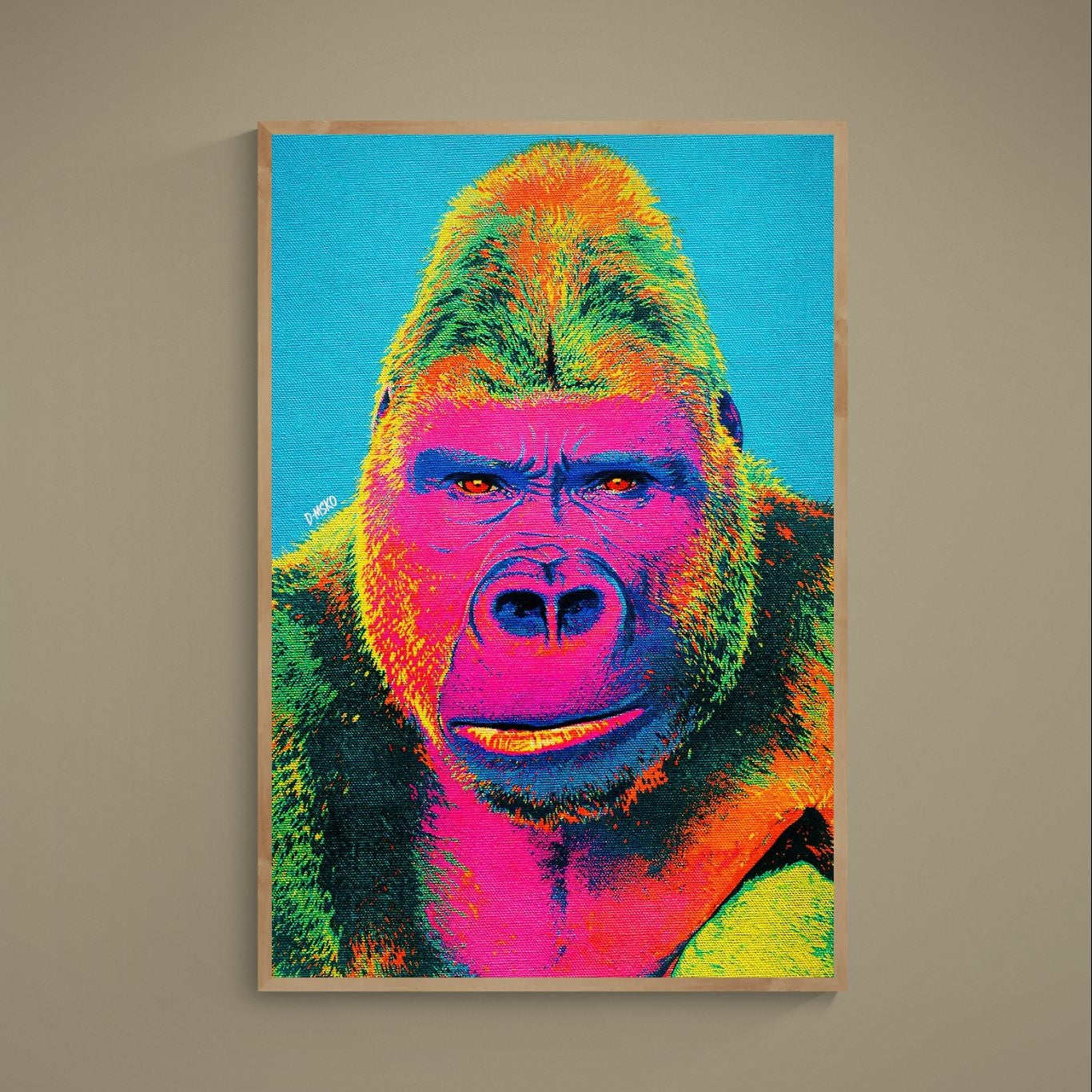 Neon pop art gorilla portrait poster with bold multicolor halftone texture in a light wood frame mockup