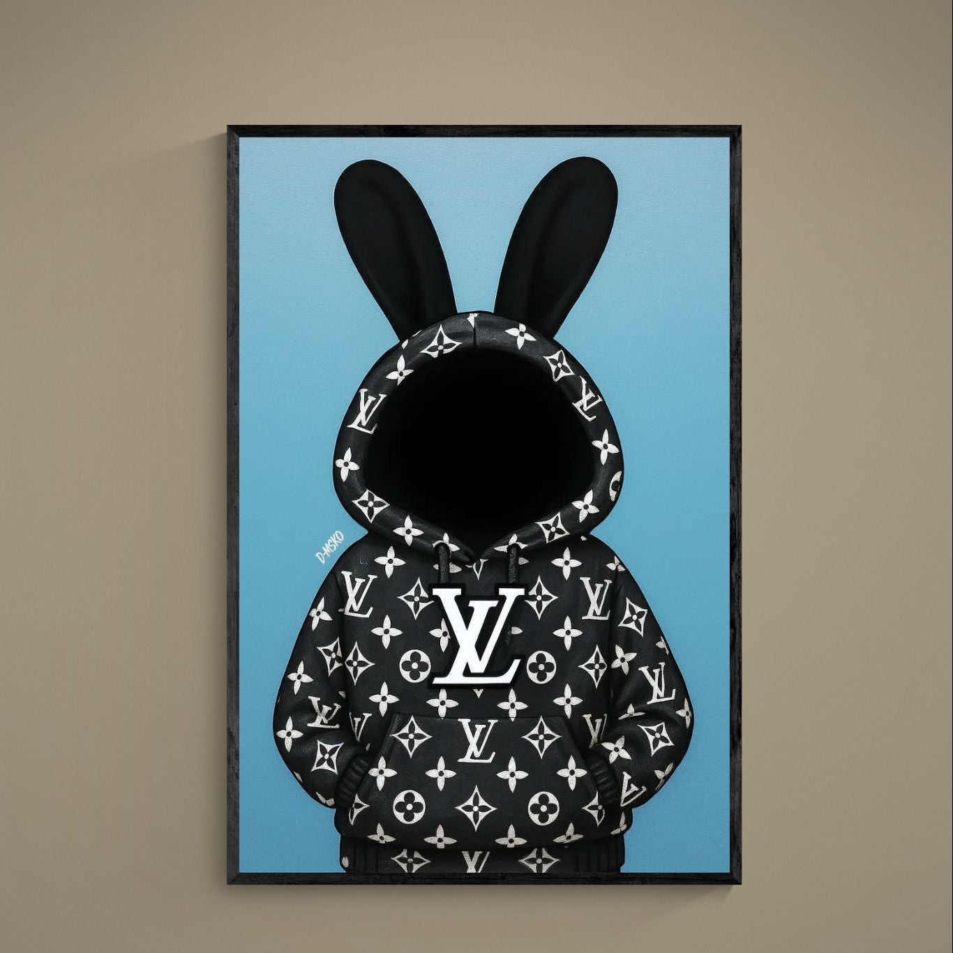 Faceless rabbit-eared figure in black monogram hoodie on blue background matte poster