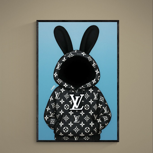 Faceless rabbit-eared figure in black monogram hoodie on blue background matte poster