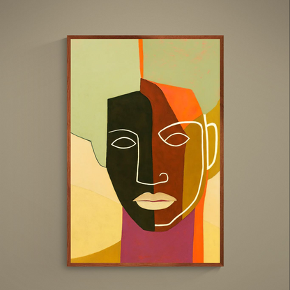 Minimalist abstract portrait poster with multicolor blocks and white line face contour