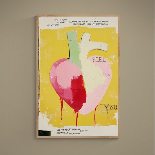 Feel My Heart poster with abstract heart on yellow field, paint drips and handwritten text