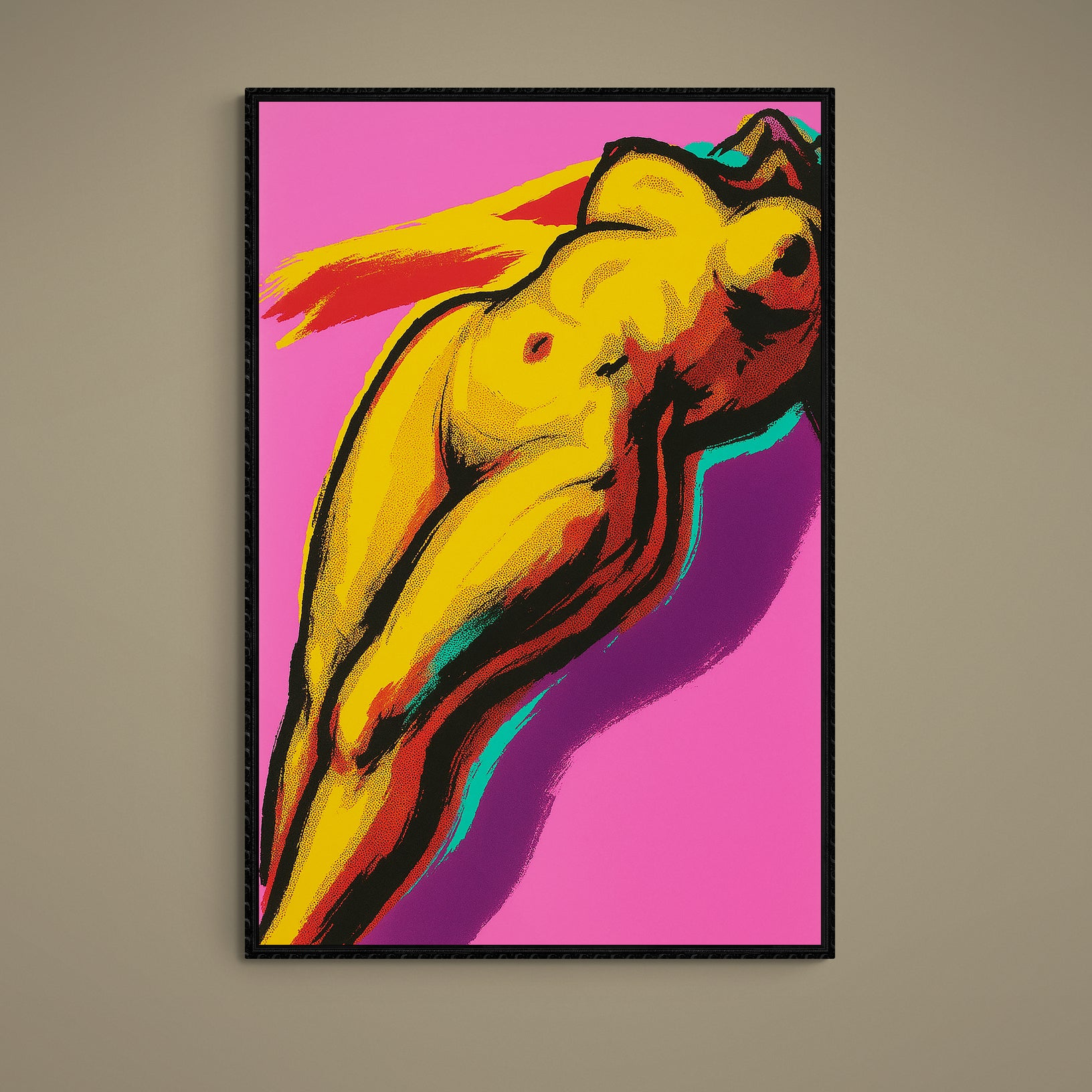 Pop art poster of reclining yellow female nude on neon pink background with halftone dots and black frame