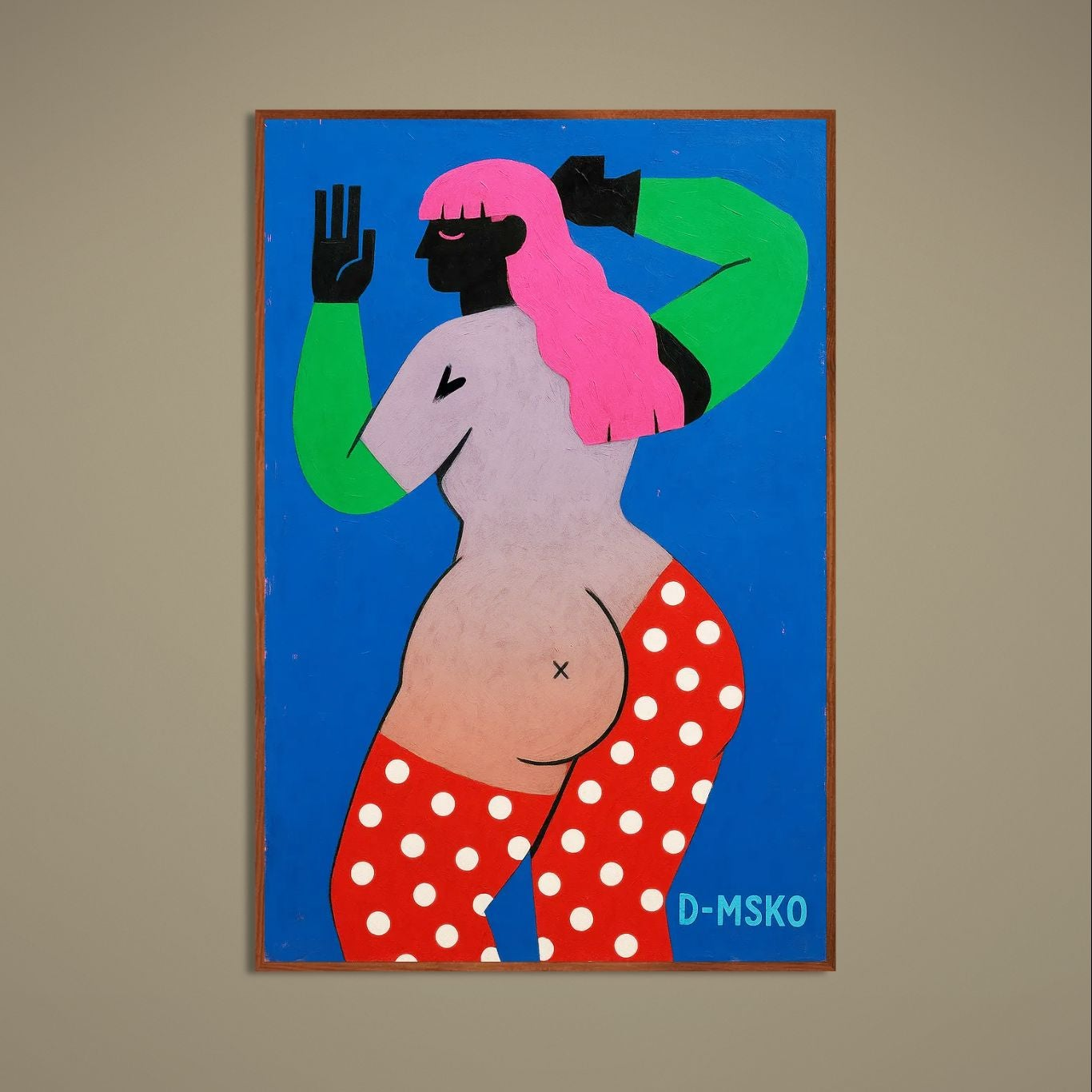 Pop art poster of stylized woman with pink hair, green sleeves and red polka-dot leggings on blue background
