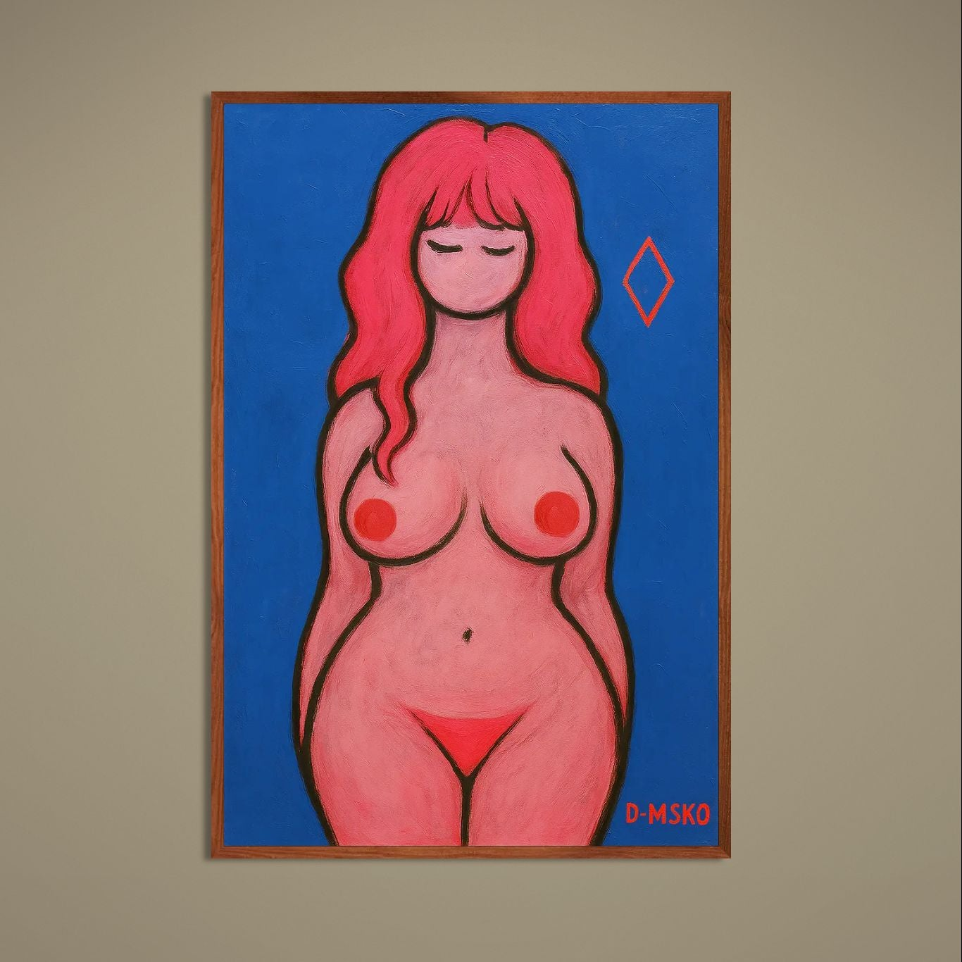 Matte poster of pink nude figure with black outlines on deep blue background and D-MSKO signature