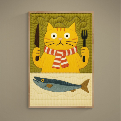 Orange cat with knife and fork above a fish in quilted folk-art style on a matte poster