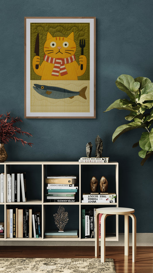 Fishy Business The Hungry Cat Quilt-Inspired Matte Paper Poster