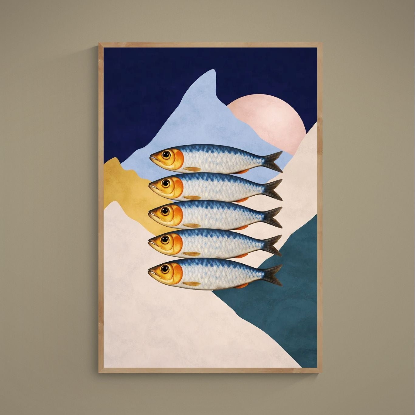 Five stacked sardines on navy abstract geometric background, unframed portrait matte paper poster