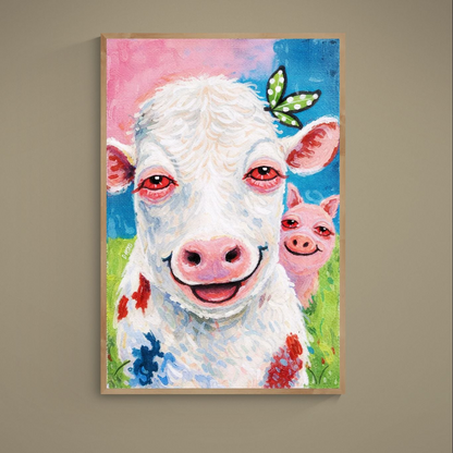 Smiling white cow poster with pink pig peeking behind, blue background and green polka-dot butterfly