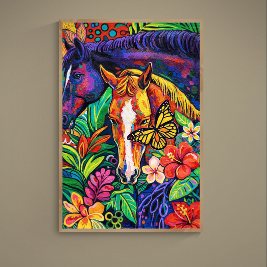 Pop-art horse poster with two horses, tropical flowers, foliage and yellow black butterfly