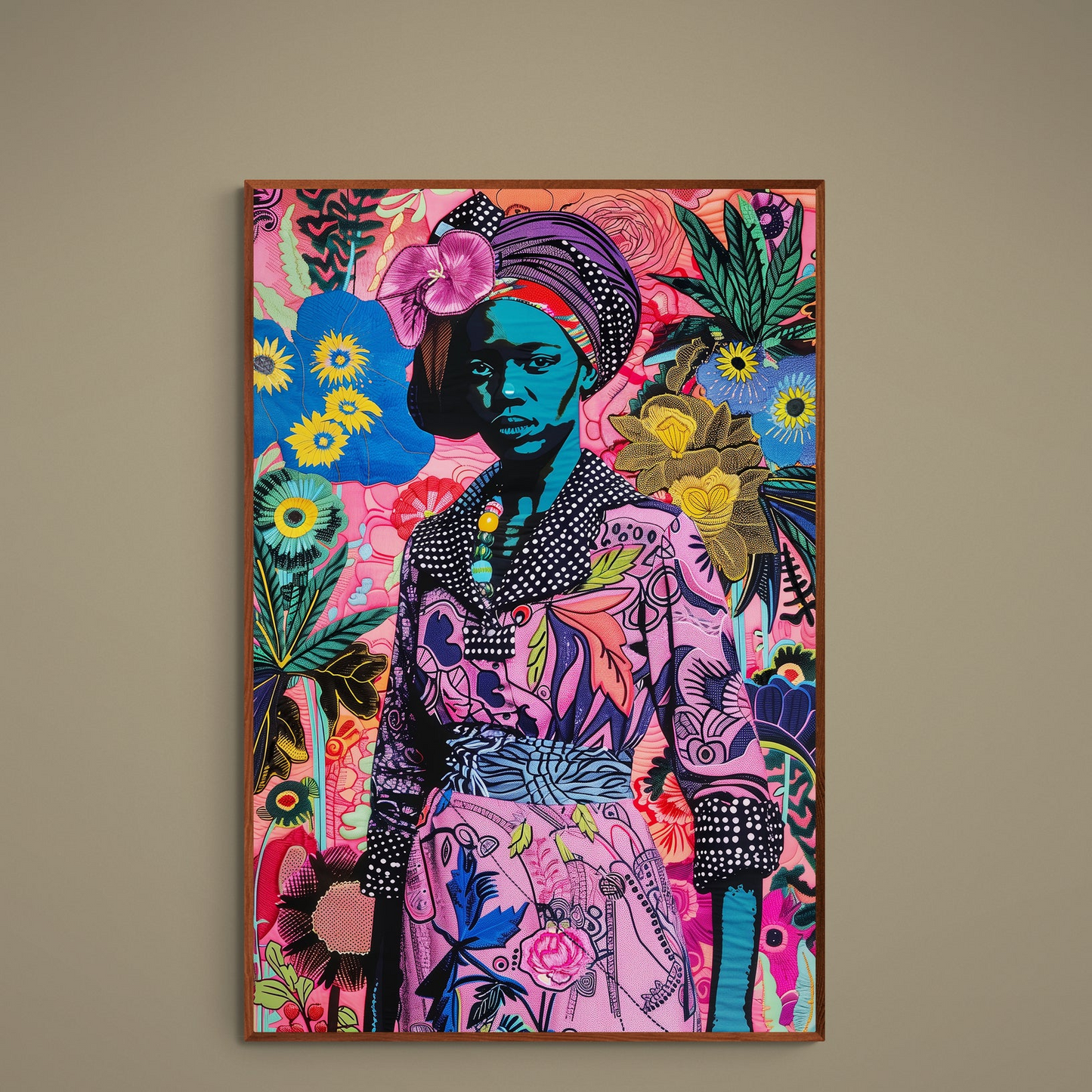 Stylized Black woman portrait with teal skin against colorful floral collage on matte poster