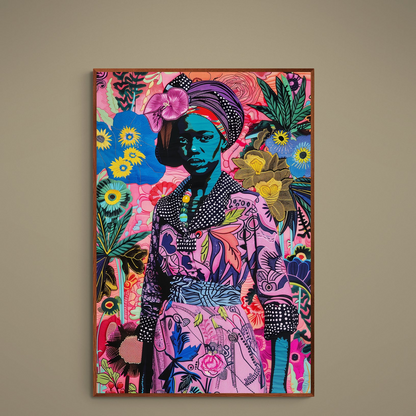 Stylized Black woman portrait with teal skin against colorful floral collage on matte poster