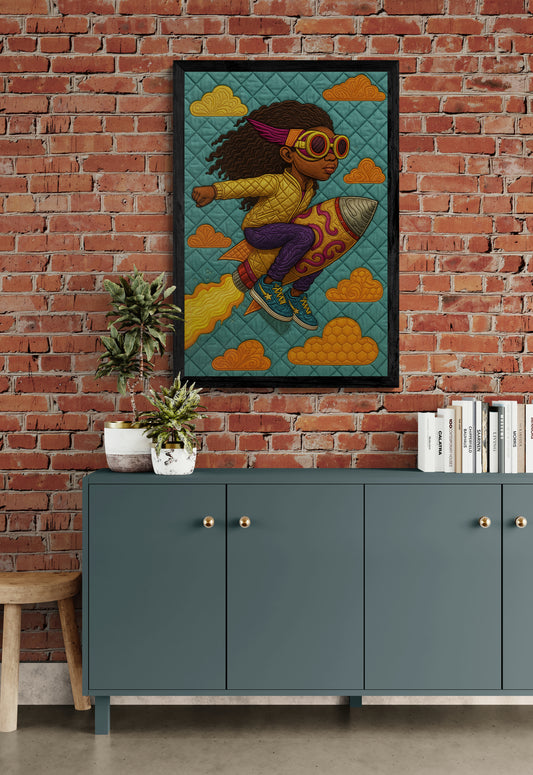Quilted Space Voyager Folk-Art Poster on Matte Paper - Afrofuturism