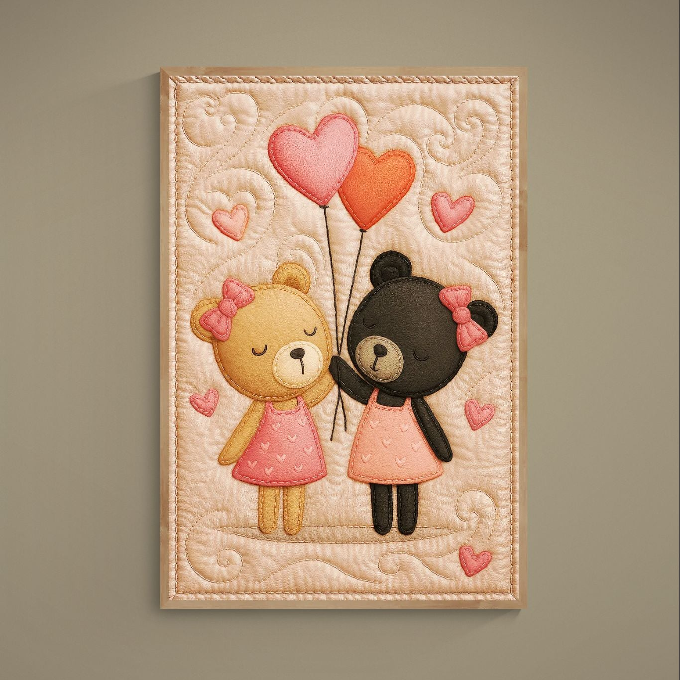 Two appliqué-style teddy bears holding pink and orange heart balloons on a beige quilted background
