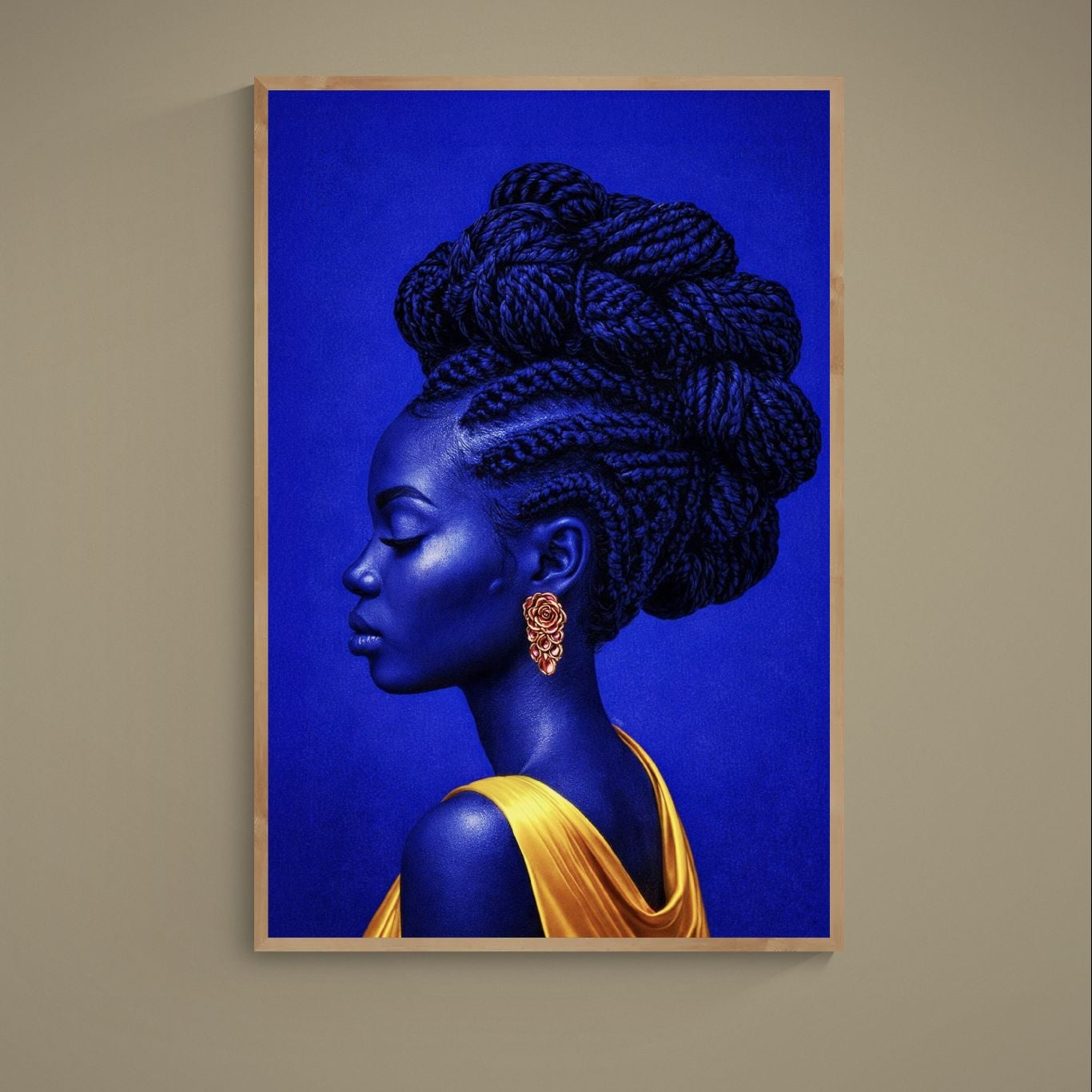 Blue profile portrait with braided updo, gold floral earring, and draped gold garment on matte poster