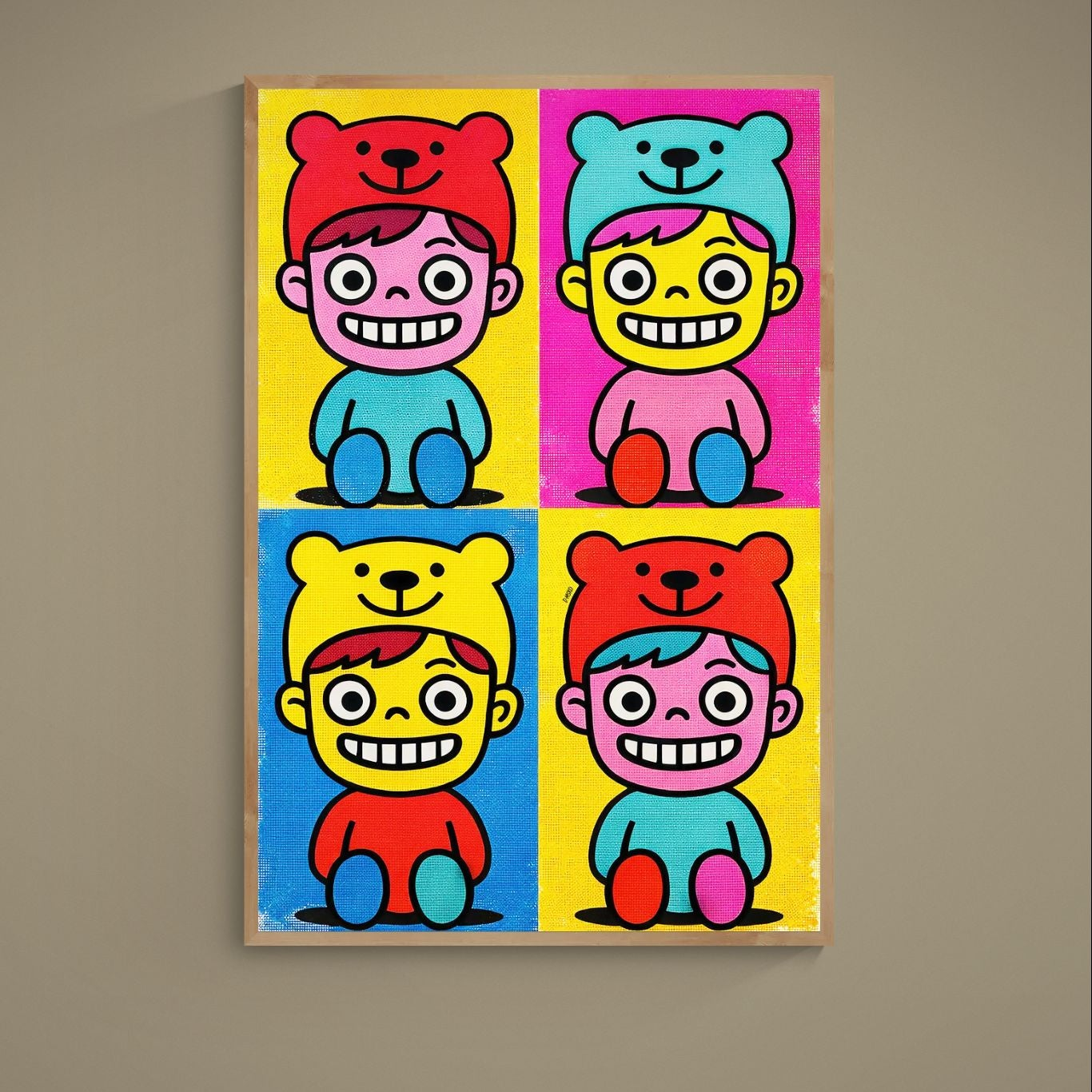 Four-panel pop art poster of smiling cartoon figures in bear hats with yellow, pink, blue and turquoise blocks