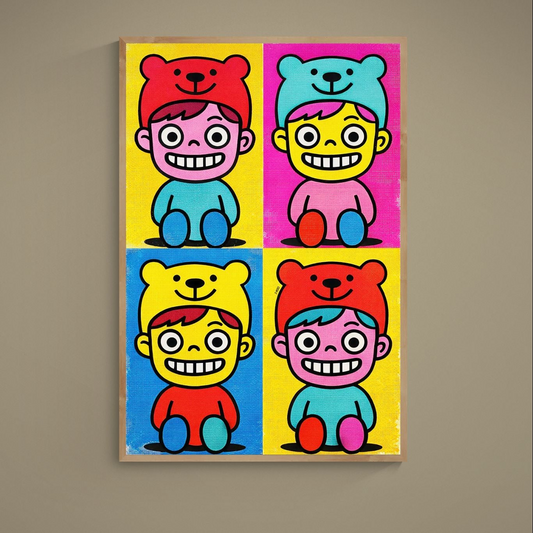 Four-panel pop art poster of smiling cartoon figures in bear hats with yellow, pink, blue and turquoise blocks