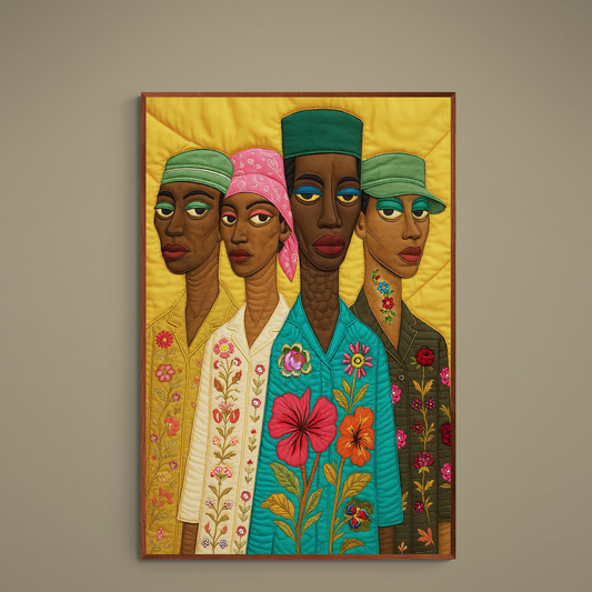 Four elongated textile-style portrait figures in quilt panels on a yellow background with floral garments