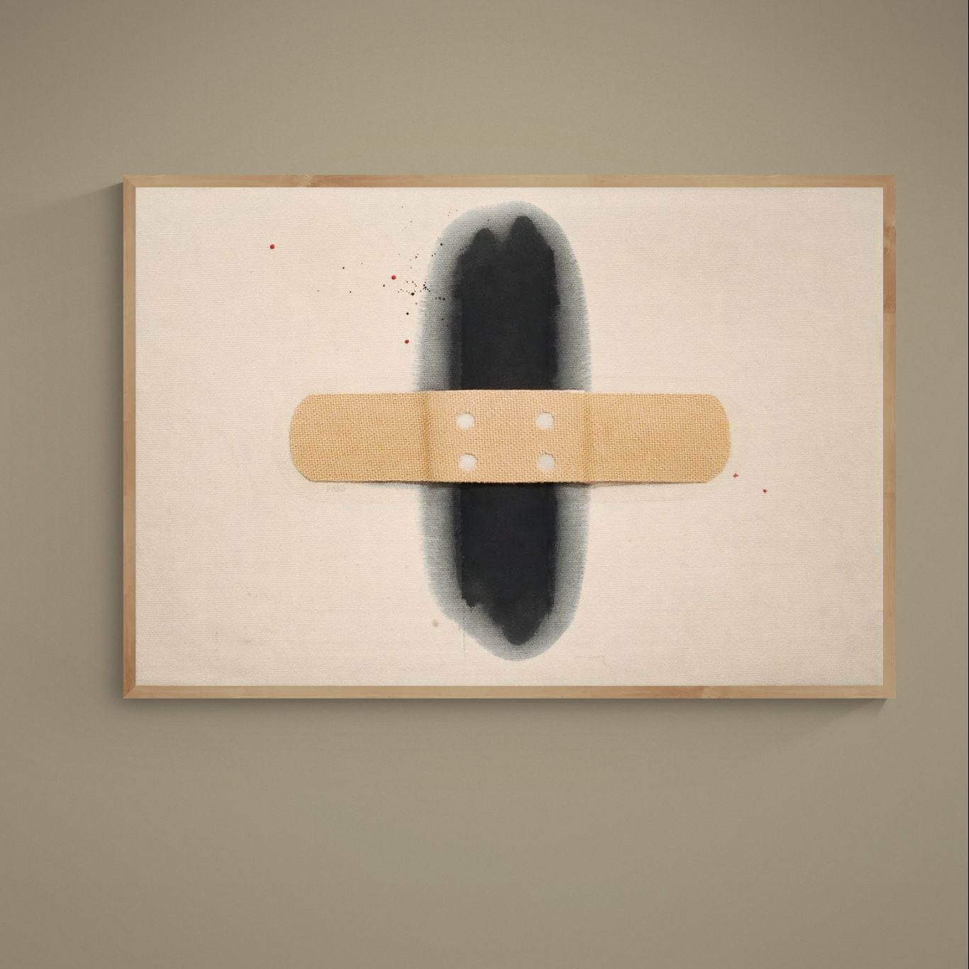 Unframed abstract poster with black ink blot, beige bandage motif, and red splatters on cream background