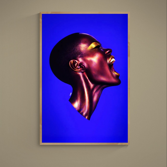 Side-profile portrait on electric blue with metallic bronze-purple skin and gold eye and lip accents
