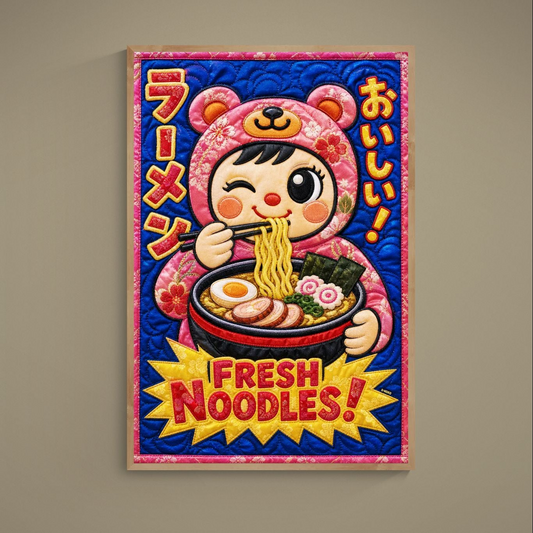 Kawaii ramen poster in quilted anime style-bear-hood mascot eating noodles, museum-quality matte paper wall art.