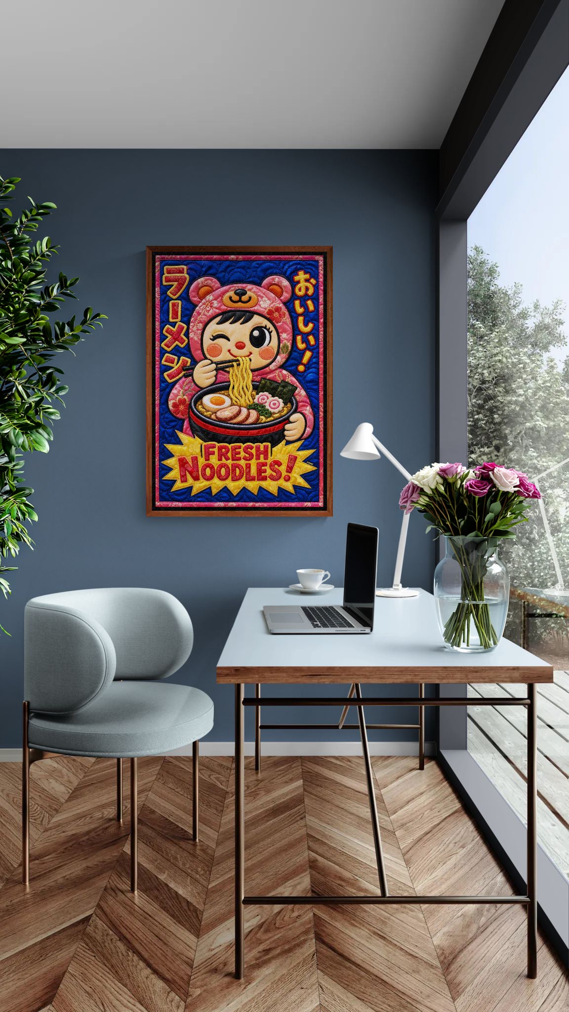 Fresh Noodles Framed Canvas Quilt-Inspired Kawaii-Style