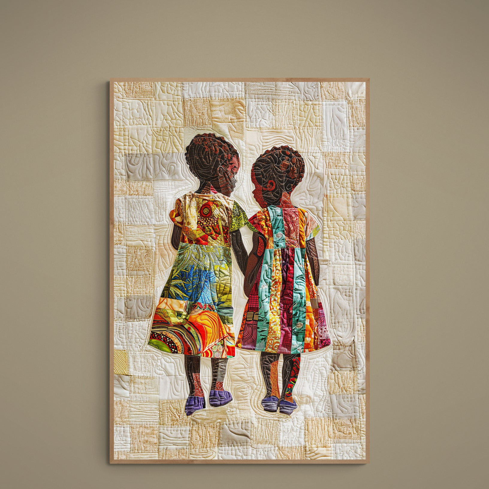 Two black child silhouettes in colorful patchwork dresses on a beige quilt-textured poster