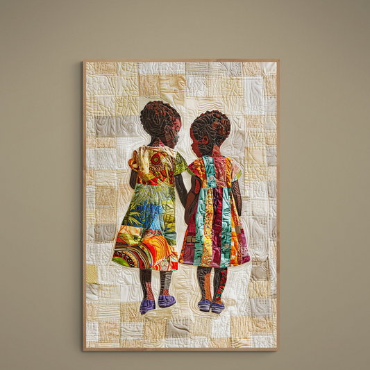 Two black child silhouettes in colorful patchwork dresses on a beige quilt-textured poster