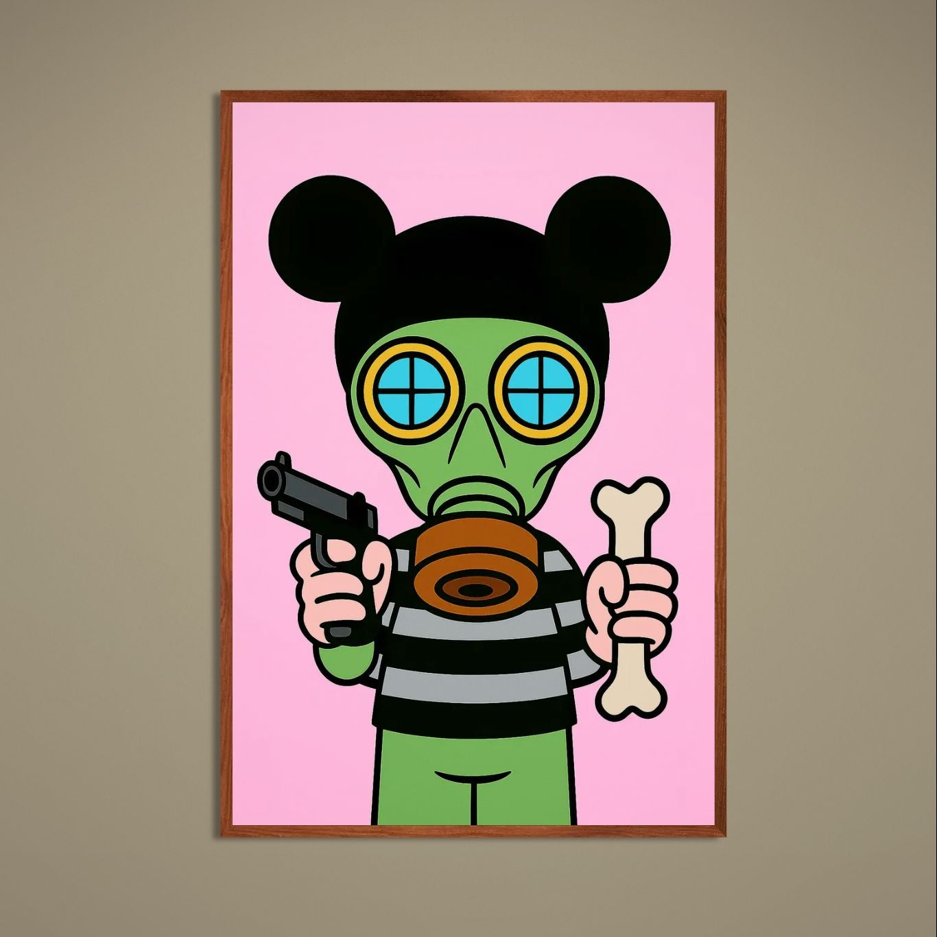 Pop art gas mask bandit poster on pink background with blue goggles, pistol and bone