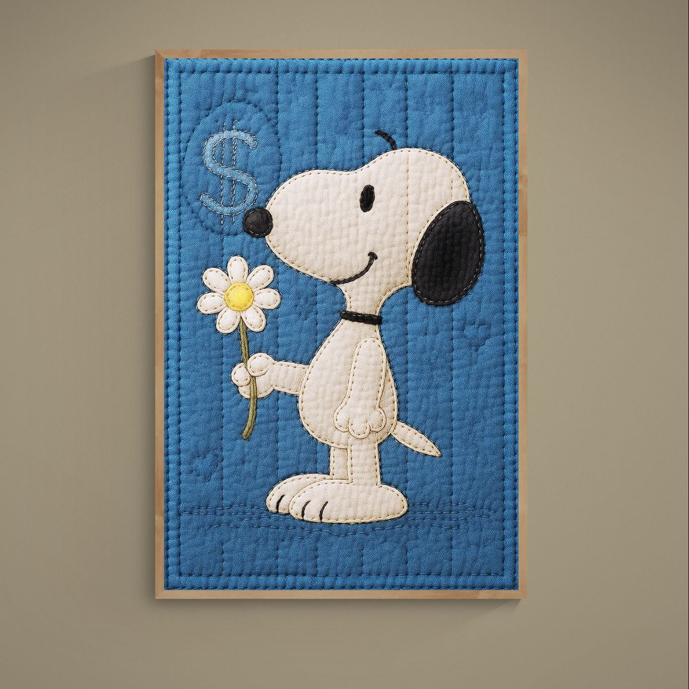 Beige smiling puppy holding a daisy on a deep blue quilt-inspired background