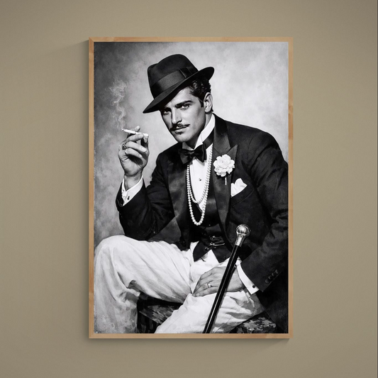 Black-and-white noir portrait of gentleman in fedora and tuxedo holding cigarette and cane