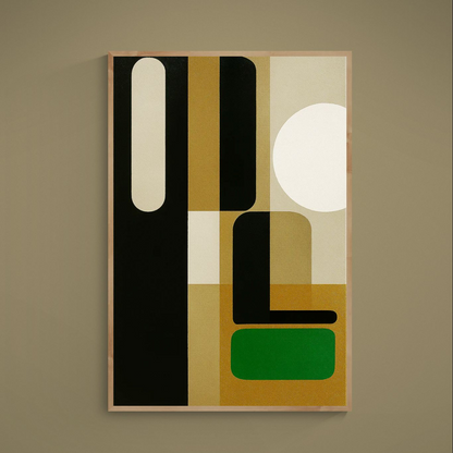 Abstract Bauhaus geometric poster with black panels, beige blocks, white circle and green rounded rectangle