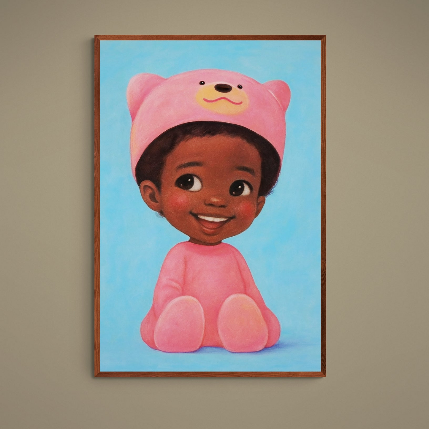 Smiling child in pink bear outfit on blue background, Giggles in Pink Damsko Art matte poster