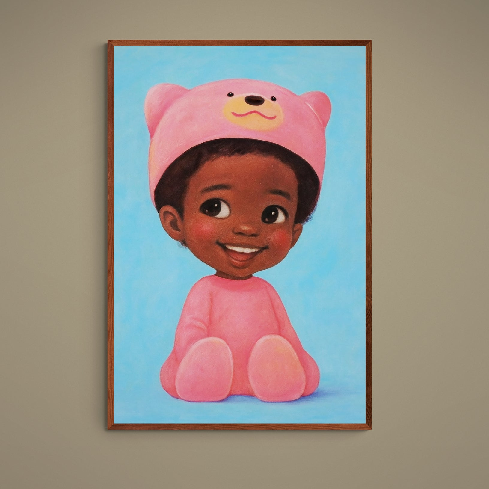 Smiling child in pink bear outfit on blue background, Giggles in Pink Damsko Art matte poster