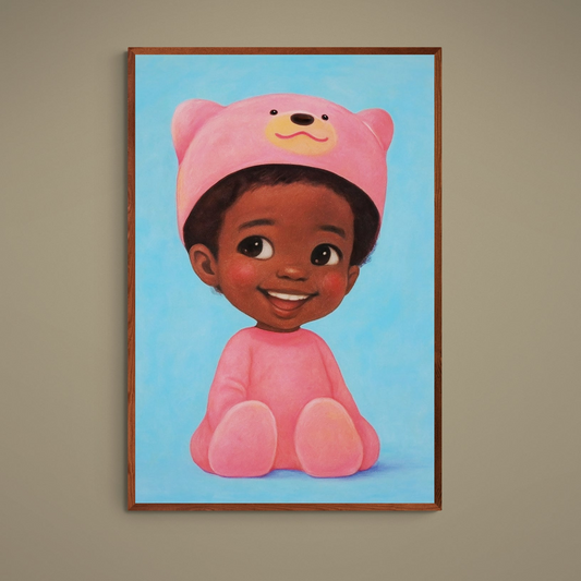 Smiling child in pink bear outfit on blue background, Giggles in Pink Damsko Art matte poster