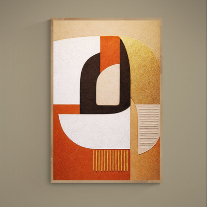 Abstract geometric matte poster with beige, terracotta, black and gold mid-century forms