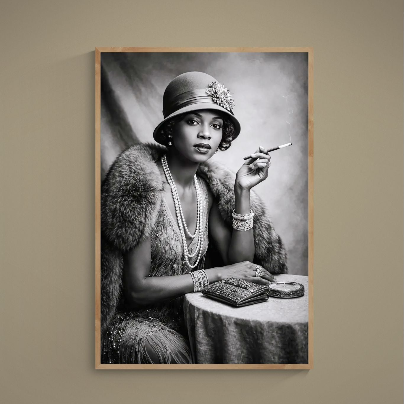 Black-and-white 1920s flapper portrait with cloche hat, pearls, fur stole, and cigarette holder