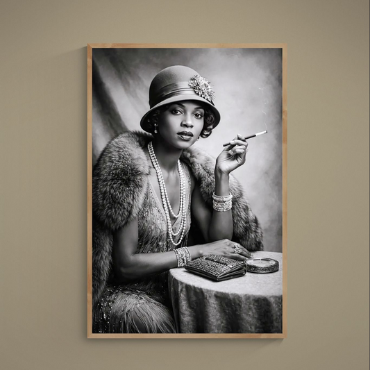 Black-and-white 1920s flapper portrait with cloche hat, pearls, fur stole, and cigarette holder