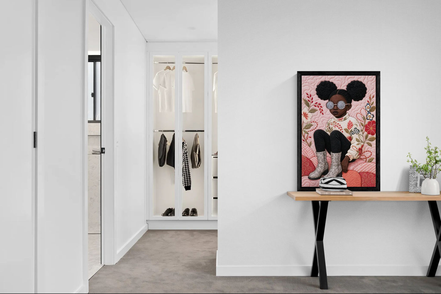 Glitter Gaze Framed Canvas Pink Background African American Art