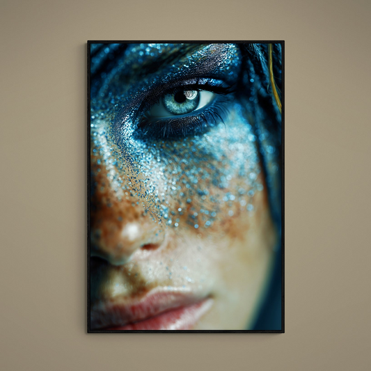 Macro close-up eye with blue and silver glitter makeup on an unframed matte paper poster