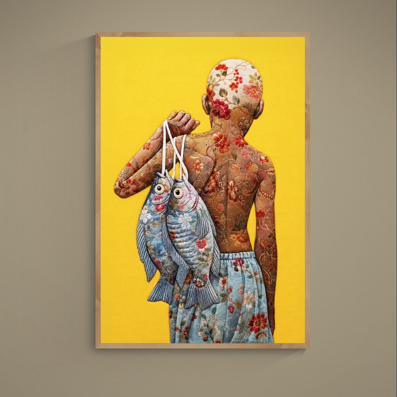 Bisa Butler-inspired quilted poster of back-turned figure carrying two fish, floral textiles on bright yellow