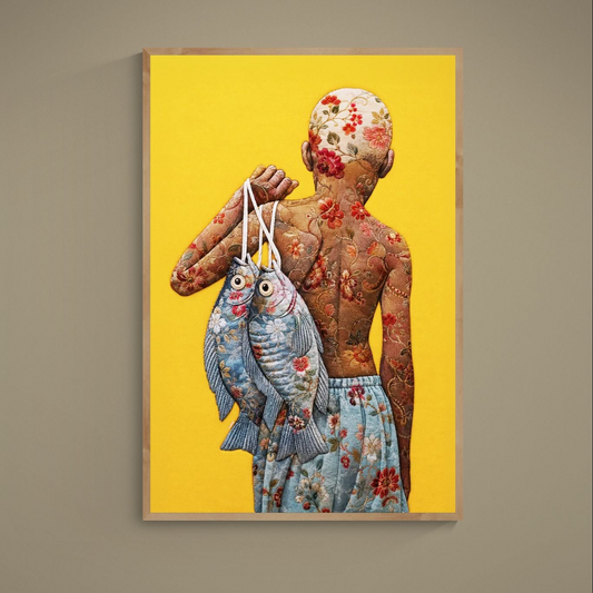 Bisa Butler-inspired quilted poster of back-turned figure carrying two fish, floral textiles on bright yellow
